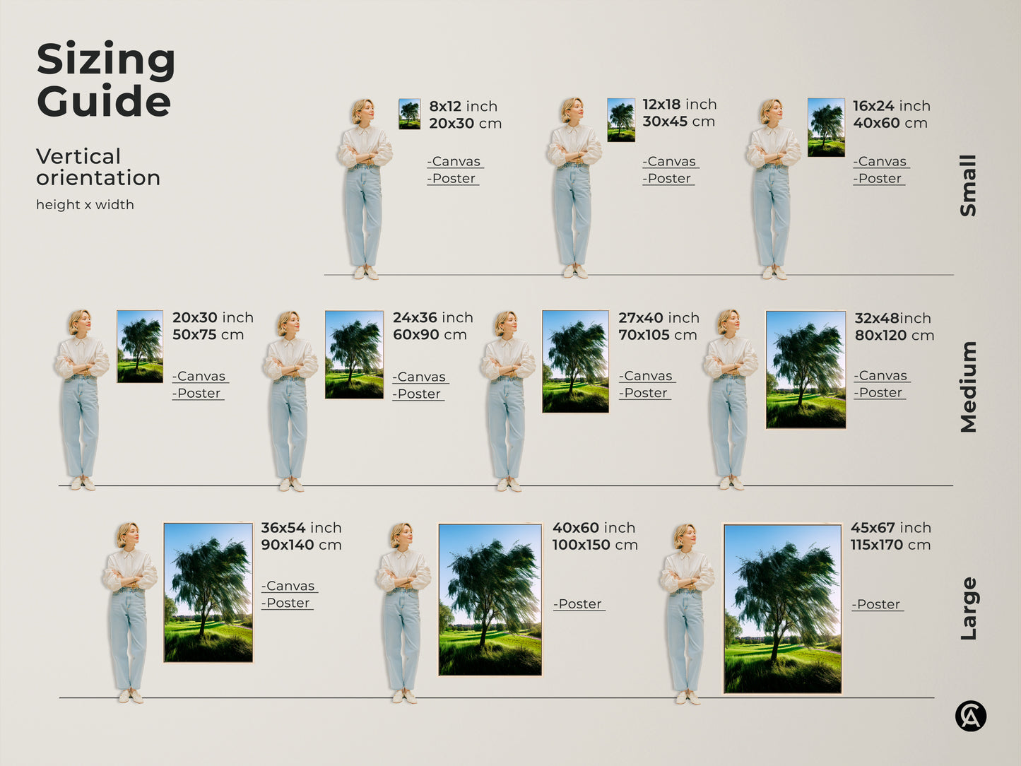 Sizing guide for green golf course landscape canvas art. Find vertical orientation options. Available in small medium and large sizes for canvas and poster prints to suit any wall decor needs.