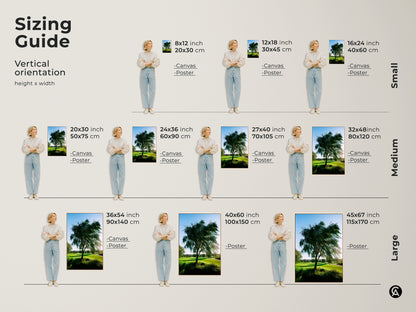 Sizing guide for green golf course landscape canvas art. Find vertical orientation options. Available in small medium and large sizes for canvas and poster prints to suit any wall decor needs.