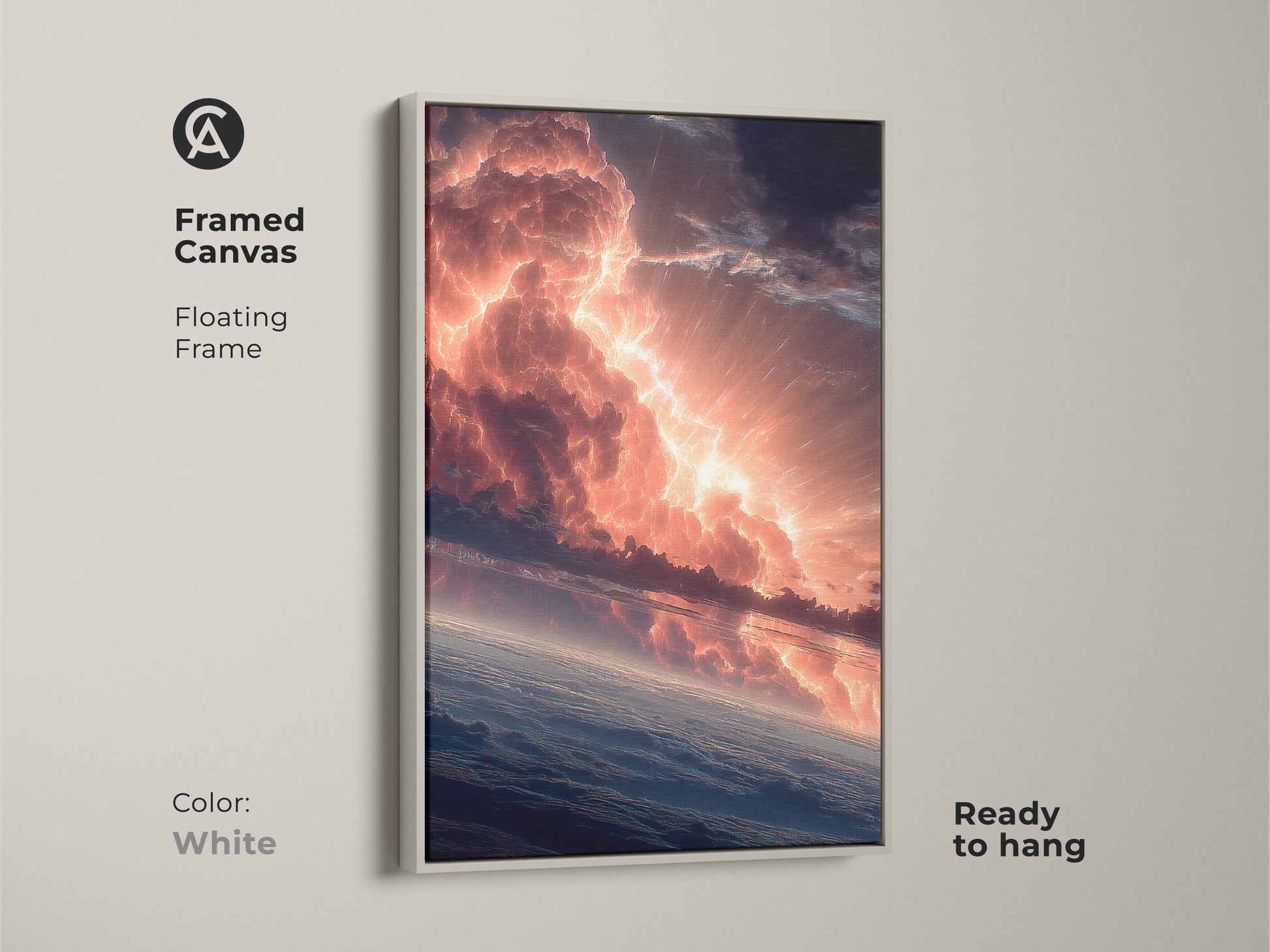 Stunning fiery sky artwork in a framed canvas. The white floating frame offers a clean modern look. Ready to hang and brighten your space. The white frame complements the dramatic artwork. A versatile piece for any decor.