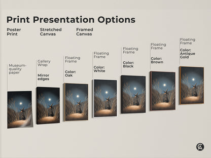 Print Presentation Options show poster print stretched canvas and framed canvas. The fantasy wall art depicts a witch gazing at the moonlight. It is Navy Blue Gold Moonlight Canvas. Perfect Halloween Occasion Gift.