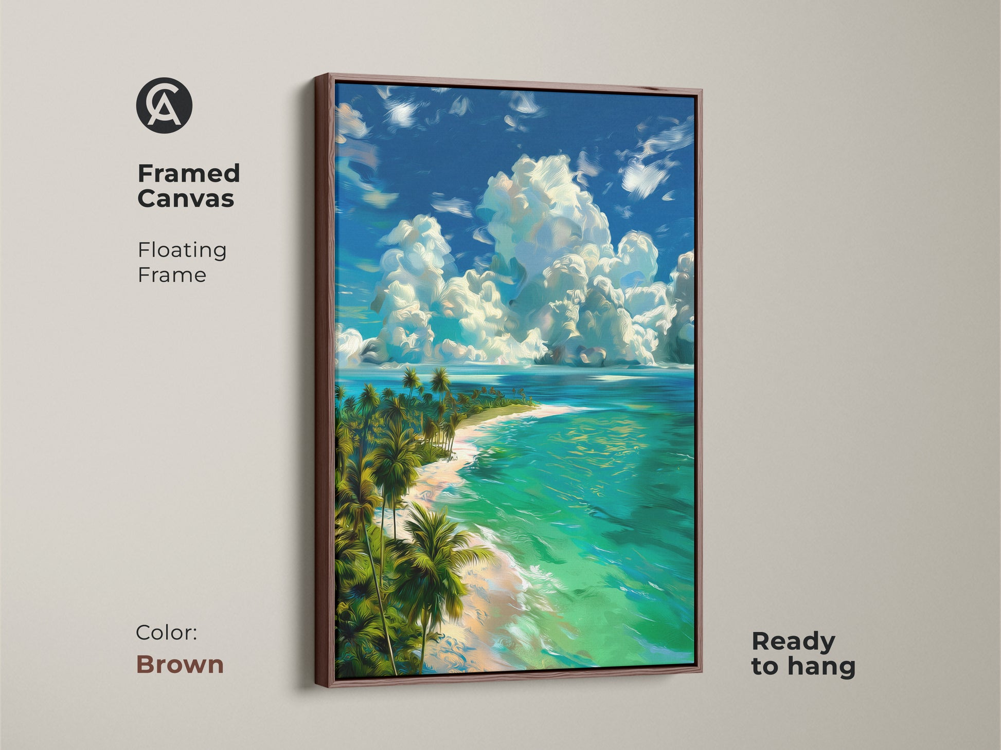 Framed canvas of a tropical island beach with a brown floating frame. This ready-to-hang artwork captures the beauty of turquoise waters white sand and palm trees beneath a cloudy sky. Enhance your decor with this stunning beach-themed art.