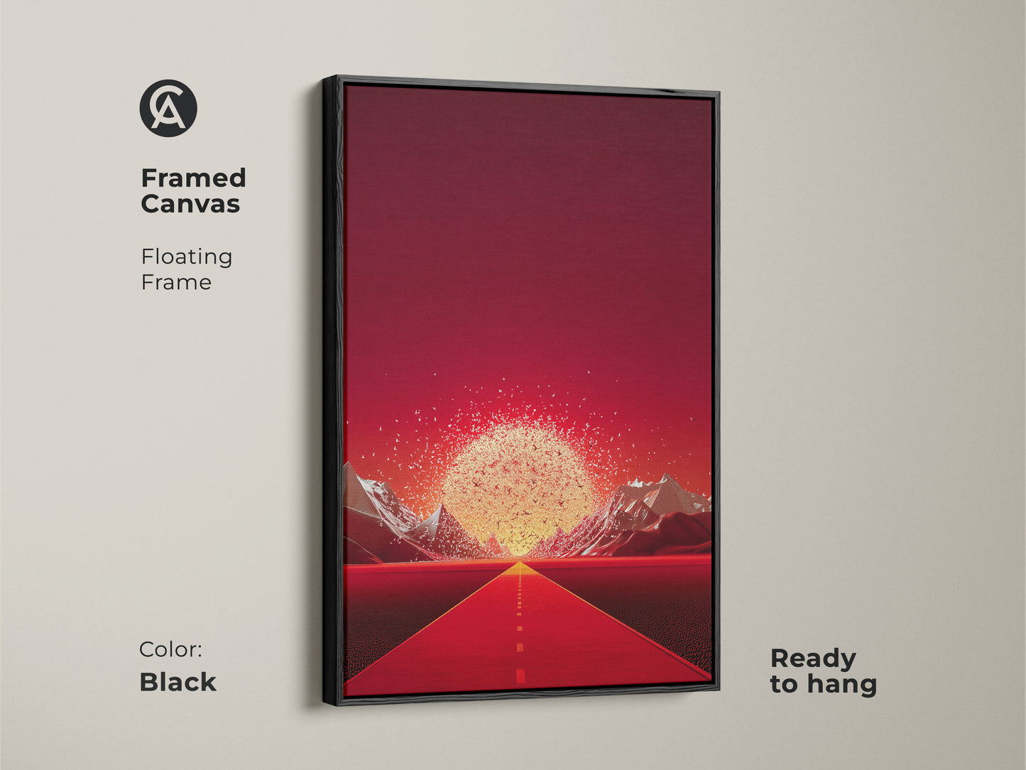 A framed canvas in black showcases crimson digital art. It features a red road leading to golden mountains. This landscape wall hanging is ready to hang. It's a contemporary wall print for any space. A modern abstract nature piece with surrealist landscape elements.