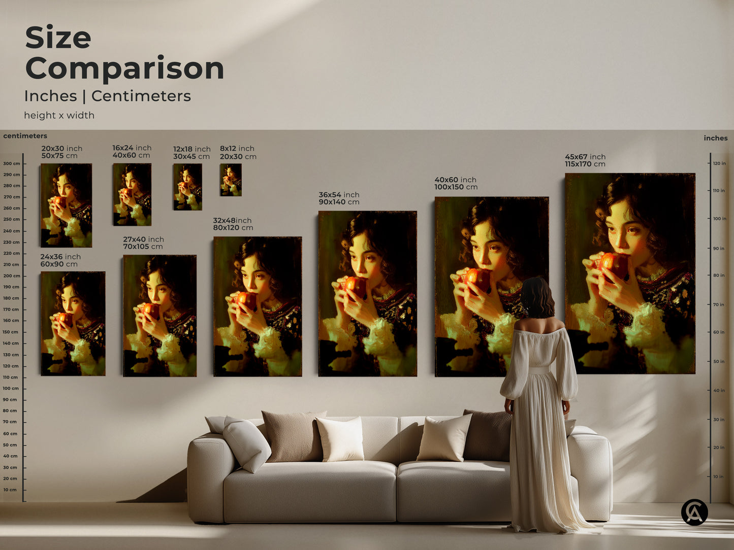 Size comparison of traditional girl eating apple art prints. See how the artwork looks in different sizes above a couch. Available in sizes from 8x12 to 45x67 inches. Classical realism wall art perfect for any room. Red fruit still life print enhances home decor.