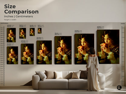 Size comparison of traditional girl eating apple art prints. See how the artwork looks in different sizes above a couch. Available in sizes from 8x12 to 45x67 inches. Classical realism wall art perfect for any room. Red fruit still life print enhances home decor.