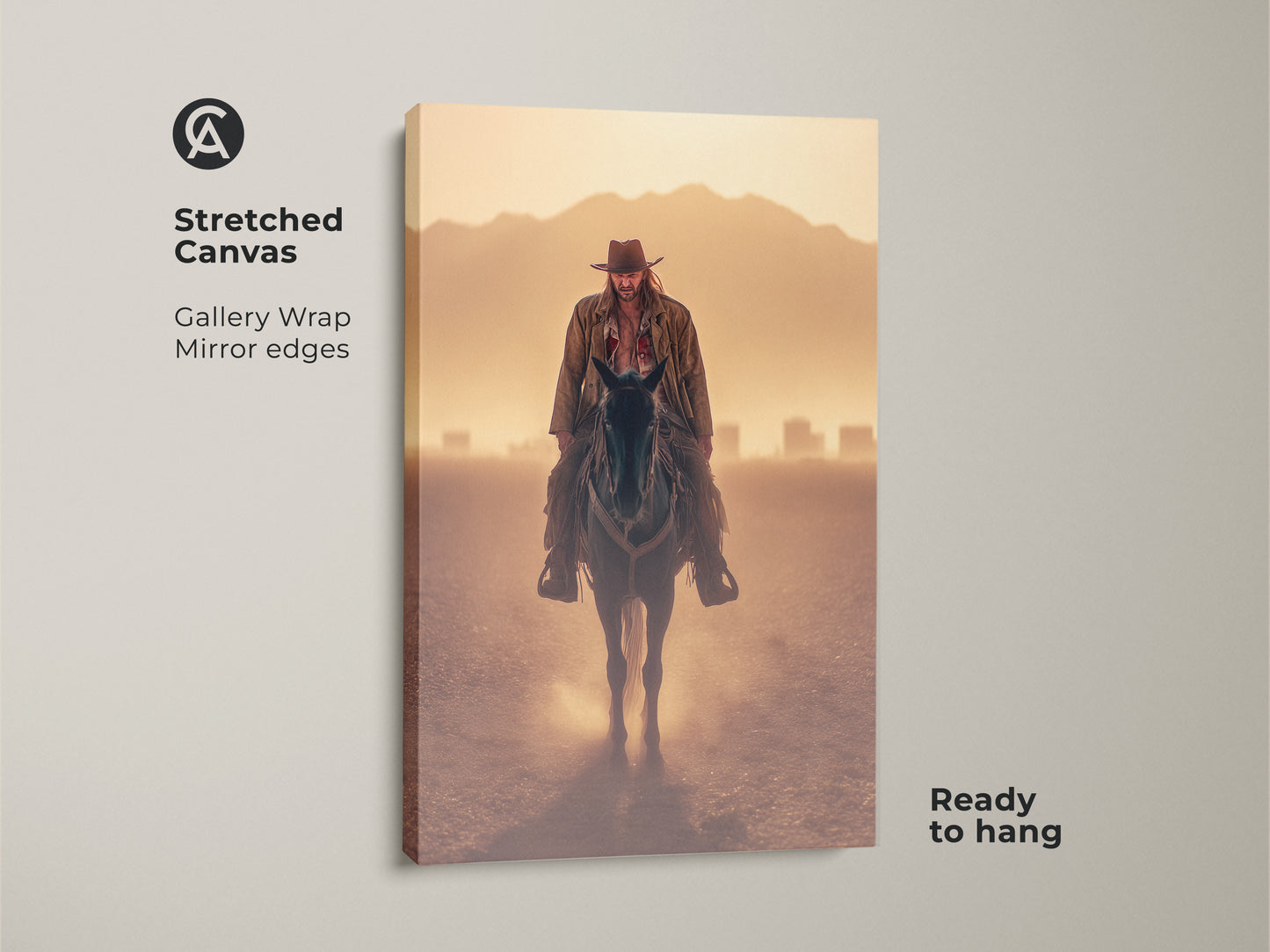 Stretched canvas of a cowboy on horseback in a goldenrod landscape. Gallery wrap with mirror edges. Ready to hang for rustic study room decor. This photorealistic western wall art brings the Wild West to your home. Perfect for cowboy and western enthusiasts.