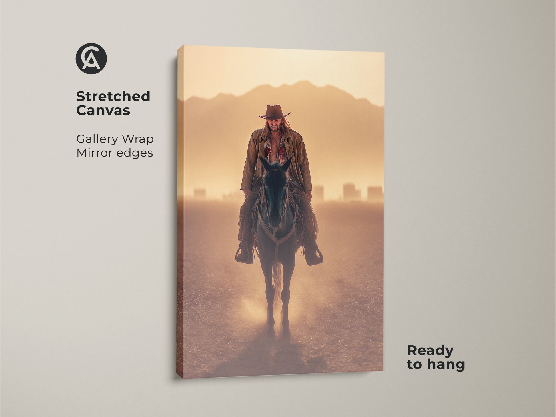 Stretched canvas of a cowboy on horseback in a goldenrod landscape. Gallery wrap with mirror edges. Ready to hang for rustic study room decor. This photorealistic western wall art brings the Wild West to your home. Perfect for cowboy and western enthusiasts.
