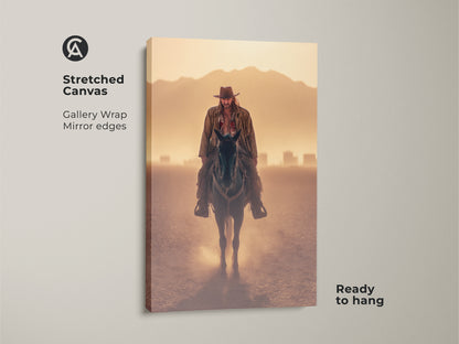 Stretched canvas of a cowboy on horseback in a goldenrod landscape. Gallery wrap with mirror edges. Ready to hang for rustic study room decor. This photorealistic western wall art brings the Wild West to your home. Perfect for cowboy and western enthusiasts.