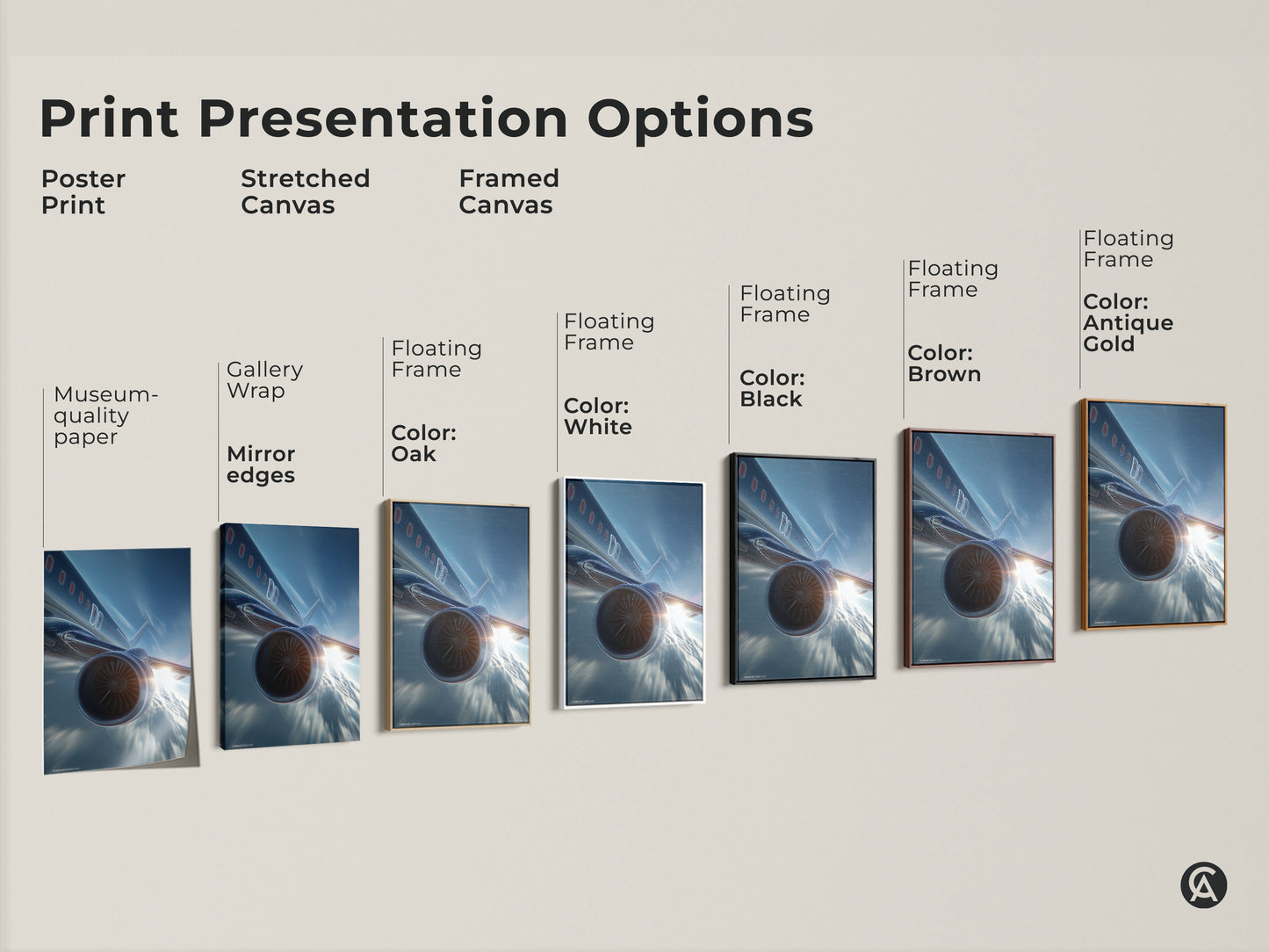 Explore print presentation options for modern aviation canvas art. Options include poster prints stretched canvas and framed canvas. Choose from various frame colors like black brown white oak and antique gold. Find the perfect aviation artwork for your office or home decor.