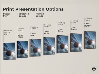 Explore print presentation options for modern aviation canvas art. Options include poster prints stretched canvas and framed canvas. Choose from various frame colors like black brown white oak and antique gold. Find the perfect aviation artwork for your office or home decor.