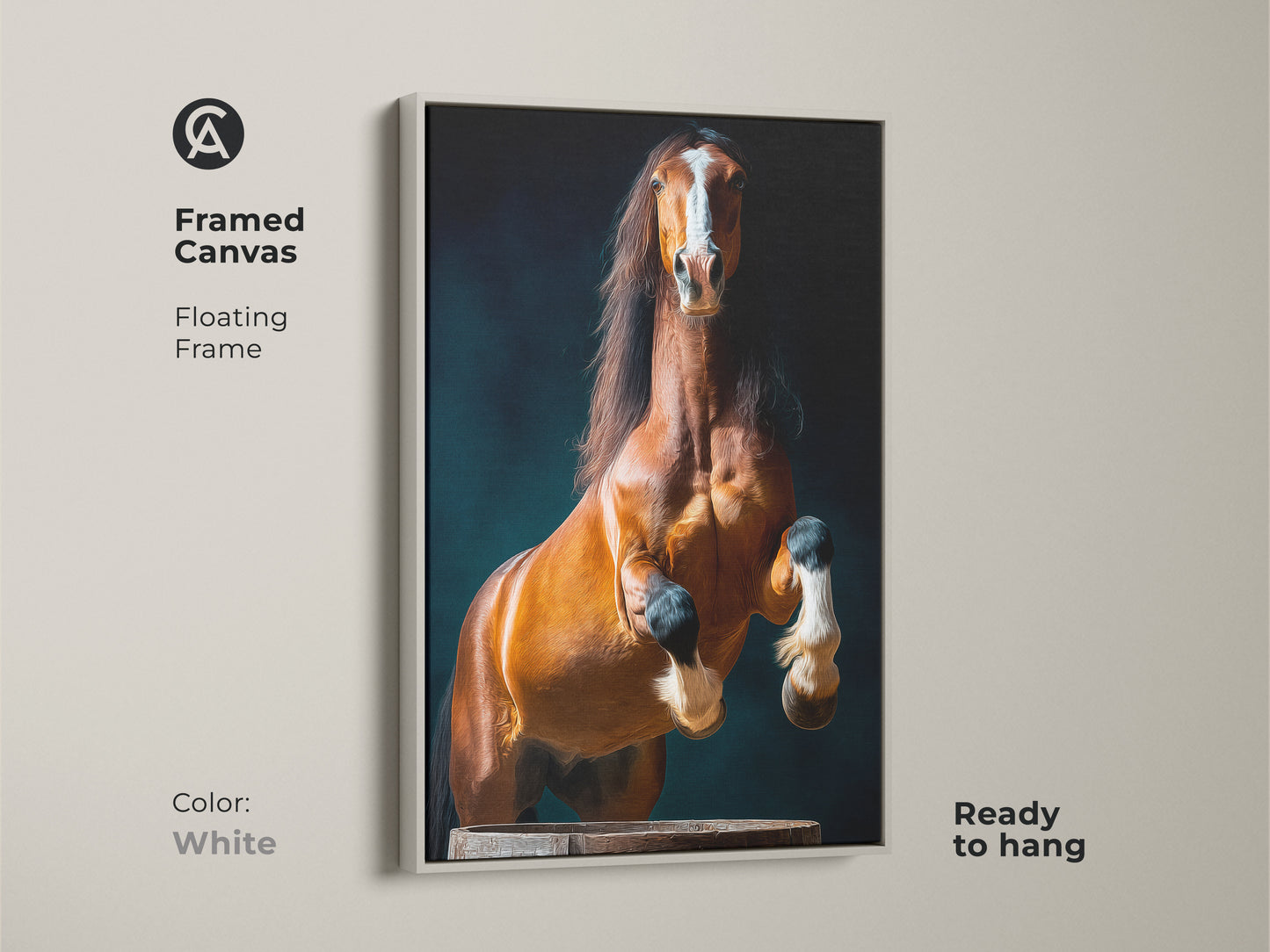 Framed canvas with white floating frame shows the rearing chestnut horse. This contemporary animal artwork is a unique horse gift idea. The chestnut equine wall art would be perfect as a housewarming gift for equestrian enthusiasts.