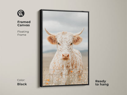 Framed canvas artwork of a white and brown speckled longhorn cow in a black floating frame. The cow is standing behind a barbed wire fence. Orange wildflowers grow at the base. This framed art is ready to hang and enjoy.