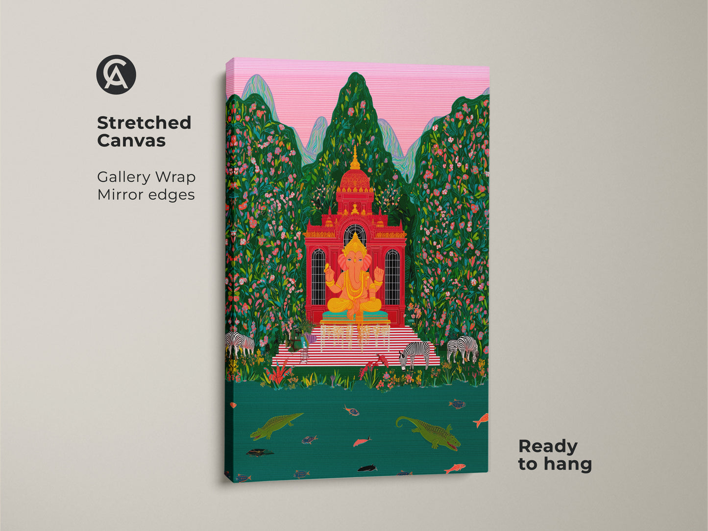 A stretched canvas featuring Ganesha wall art. The spiritual artwork showcases a red green tropical scene. This folk art print adds an eclectic touch to any home decor. Ready to hang this Ganesha canvas brings a unique spiritual energy. The gallery wrap offers mirror edges.