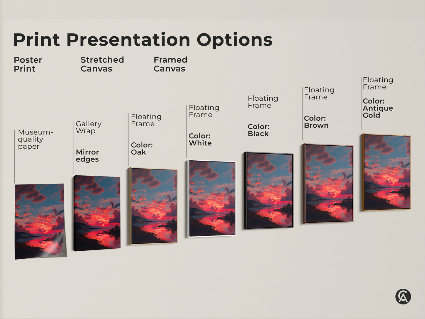 Explore print presentation options for expressive skyscape artwork. Choose from poster prints stretched canvas or framed canvas. Select a floating frame in oak black brown white or antique gold. Find the perfect style for your crimson sunset canvas art and elevate your home decor.