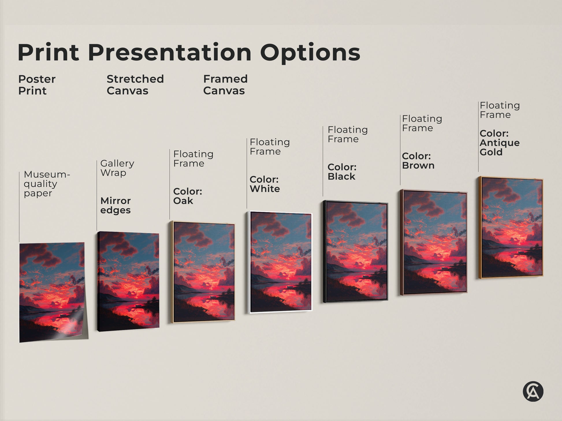 Explore print presentation options for expressive skyscape artwork. Choose from poster prints stretched canvas or framed canvas. Select a floating frame in oak black brown white or antique gold. Find the perfect style for your crimson sunset canvas art and elevate your home decor.