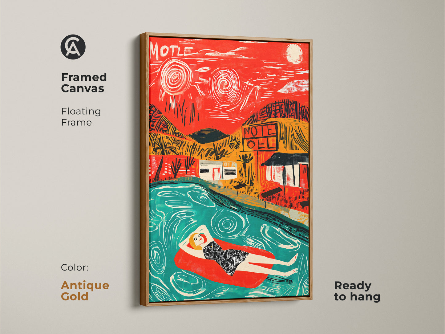 Antique gold framed canvas art featuring a woman relaxing in a pool near a motel. The floating frame adds a touch of luxury to the artwork. This ready-to-hang piece brings a retro vibe to your home decor.
