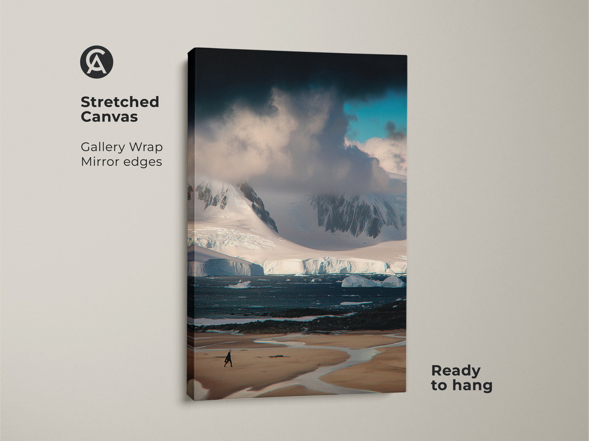 Stretched Canvas of Antarctica Landscape Photography. Gallery wrap with mirrored edges. Minimalist Iceberg wall art in a blue teal palette. This nature artwork is ready to hang in your home