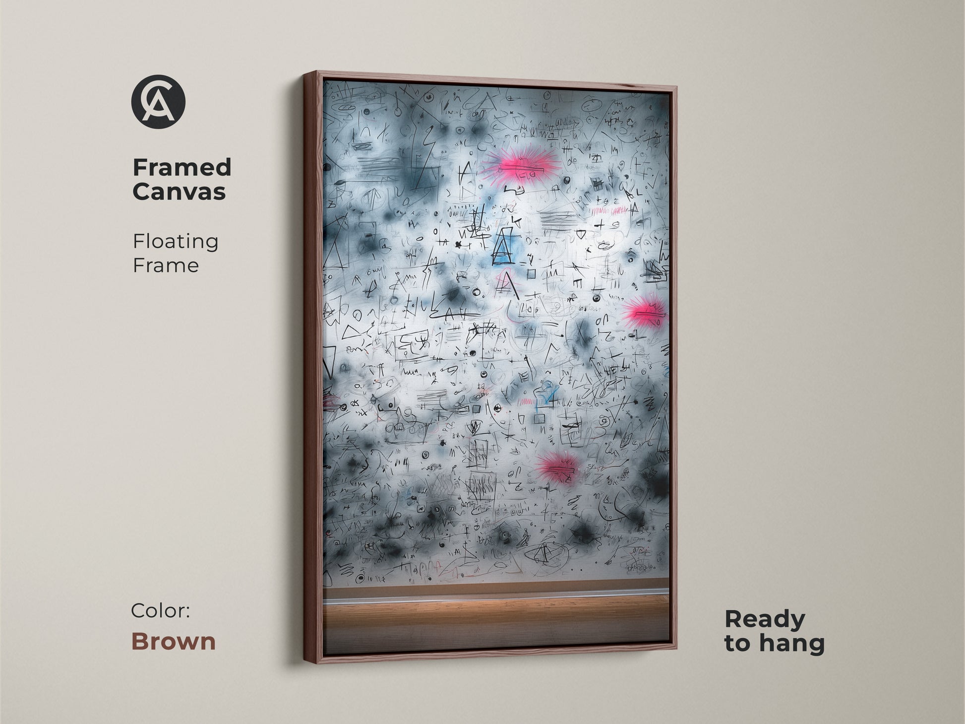 Brown framed canvas print displaying abstract math equations. The floating frame enhances its appeal. This captivating artwork is ready to hang. It brings a touch of elegance to your walls.