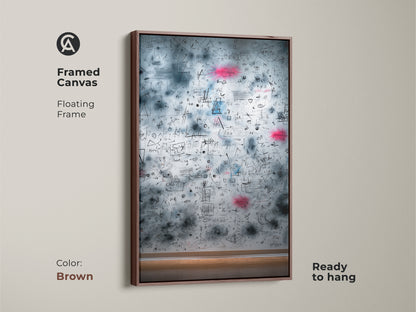 Brown framed canvas print displaying abstract math equations. The floating frame enhances its appeal. This captivating artwork is ready to hang. It brings a touch of elegance to your walls.