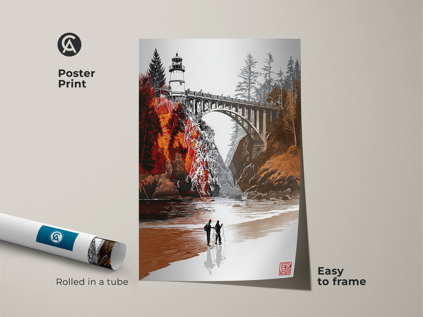Poster print featuring a scenic lighthouse and bridge artwork. The orange and red landscape provides a coastal farmhouse feel. This illustrative art piece is easy to frame. Rolled in a tube to ensure safety. The perfect entryway wall art gift for travelers adds maritime charm.