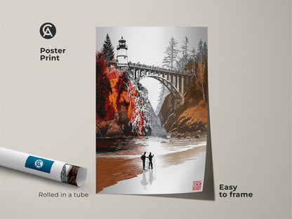Poster print featuring a scenic lighthouse and bridge artwork. The orange and red landscape provides a coastal farmhouse feel. This illustrative art piece is easy to frame. Rolled in a tube to ensure safety. The perfect entryway wall art gift for travelers adds maritime charm.