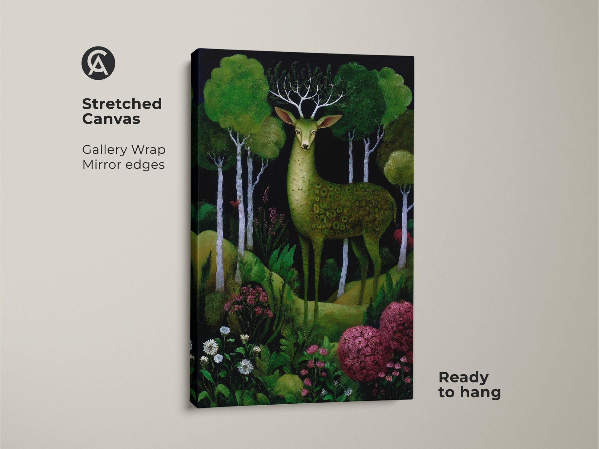 Stretched canvas of a green deer forest artwork ready to hang. This boho woodland animals canvas has gallery wrapped mirror edges. The emerald green nature wall decor enhances any space.