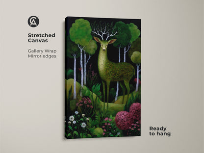 Stretched canvas of a green deer forest artwork ready to hang. This boho woodland animals canvas has gallery wrapped mirror edges. The emerald green nature wall decor enhances any space.