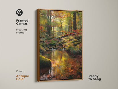 Enhance your decor with this framed canvas art. The floating frame adds a touch of luxury. The tranquil forest stream reflects the vibrant autumn trees. This antique gold framed artwork is ready to hang and enjoy. Bring the beauty of nature into your home.