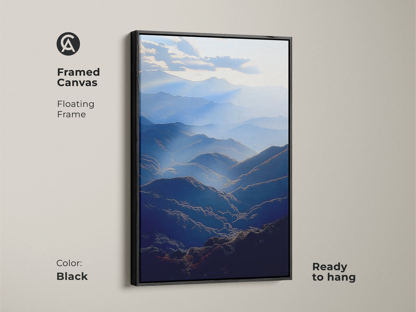 Framed canvas showcasing a deep blue mountain range. This atmospheric landscape wall art features a floating black frame. Ready to hang this serene valley artwork enhances any room. Its modern aesthetic complements contemporary decor. Perfect for bedroom or living room art.