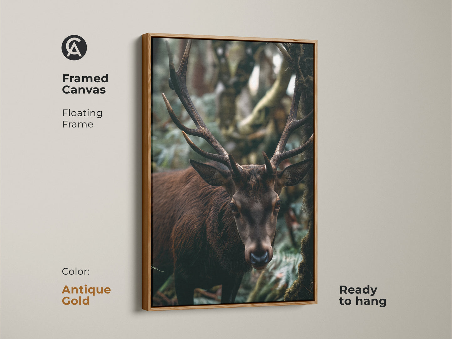 This framed canvas features a deer in a lush forest setting. The antique gold frame adds elegance to this wildlife art. It arrives ready to hang. The nature-inspired artwork is perfect for rustic home decor. The animal portrait brings a touch of wilderness indoors.