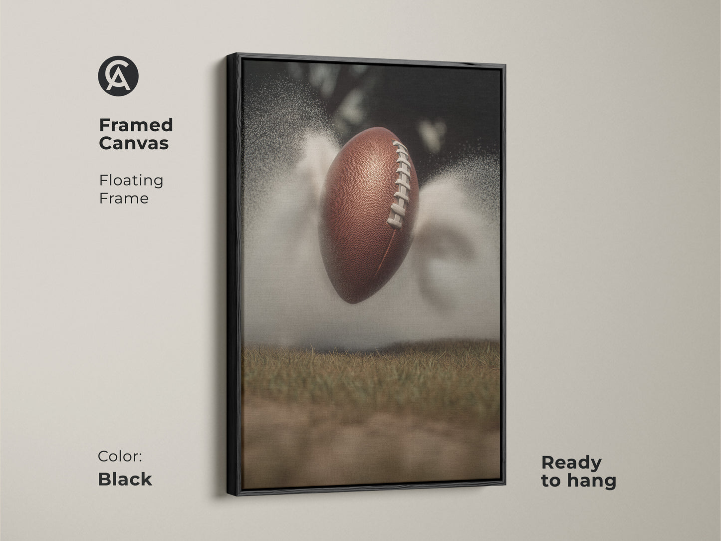 Elevate your space with this dynamic football artwork framed in black. It captures the raw energy of sports action. Perfect for a modern office or man cave. This canvas wall decor is a great gift for any sports lover. It features a textured football against a misty field.