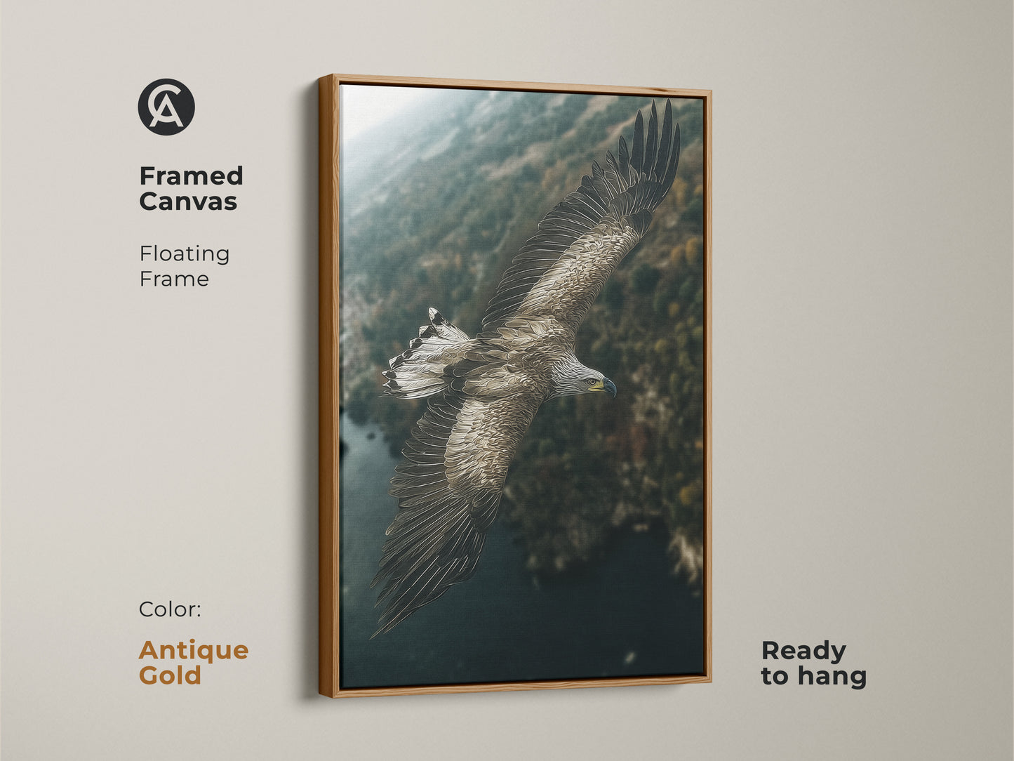 Framed canvas print of an eagle in flight with an antique gold floating frame. This wildlife canvas art adds a touch of rustic elegance to any room. The earthy tones and forest landscape create a captivating scene. Perfect for bird and nature lovers.