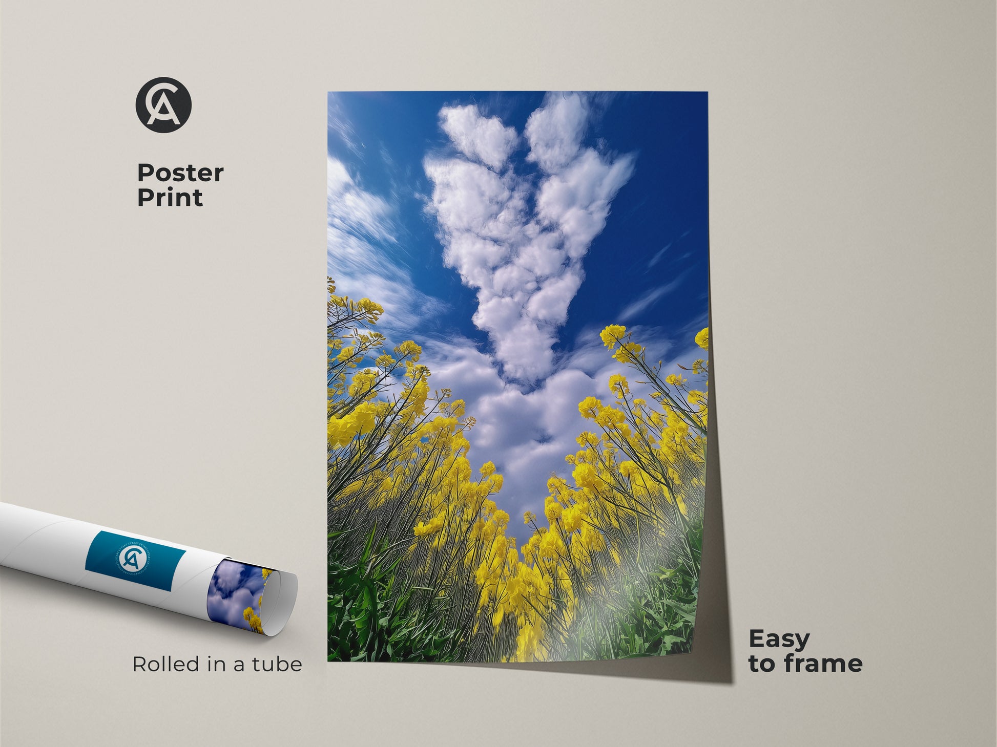 Poster print of a vibrant yellow canola field. This easy to frame art print features a blue sky landscape. Rolled in a tube it's perfect for nature enthusiasts. Add a touch of boho floral decor with this nature landscape artwork.
