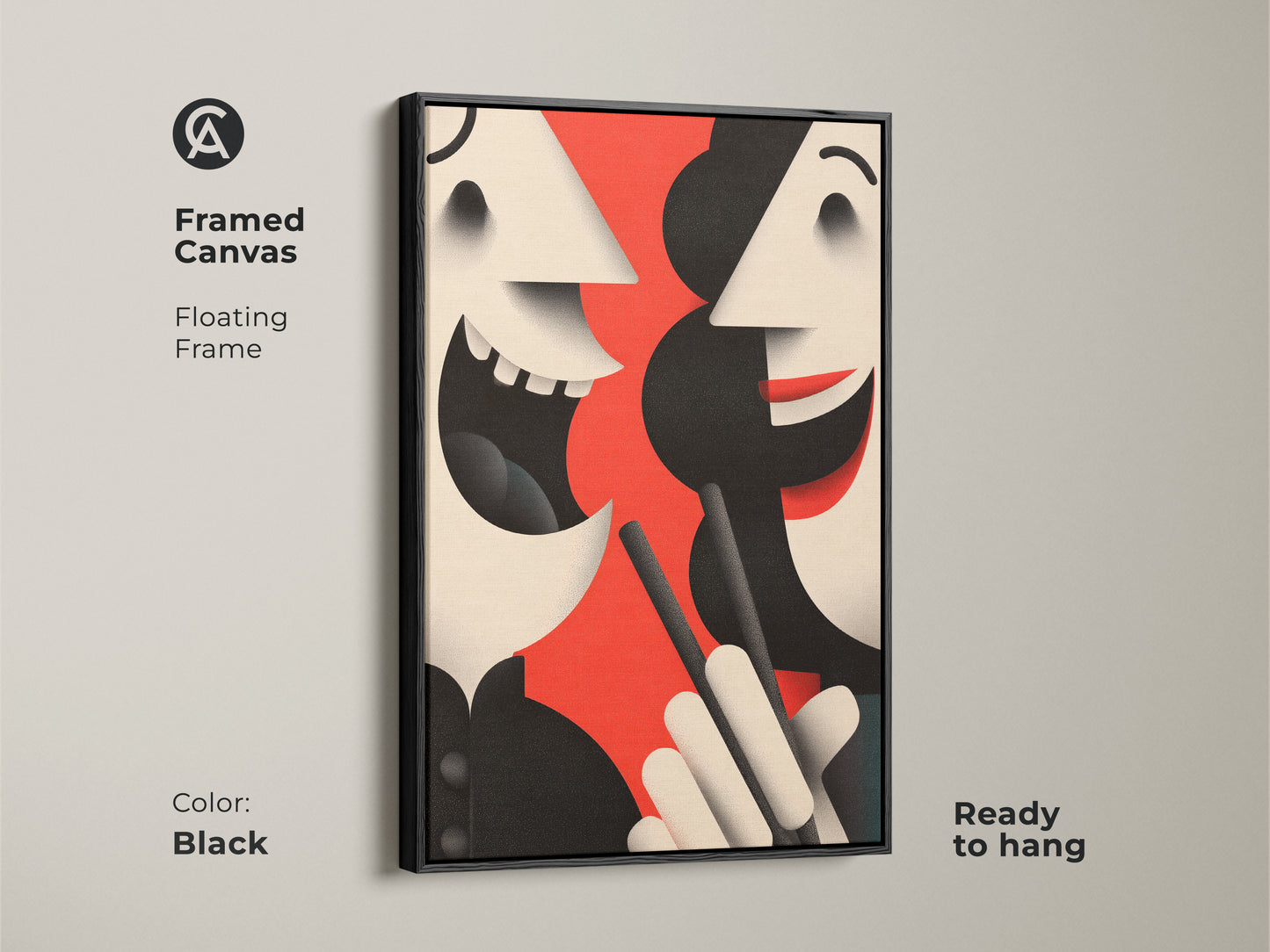 Ready to hang framed canvas featuring an abstract face. The modern art is displayed in a sleek black floating frame. The contemporary figurative artwork uses red black and beige colors.