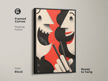 Ready to hang framed canvas featuring an abstract face. The modern art is displayed in a sleek black floating frame. The contemporary figurative artwork uses red black and beige colors.