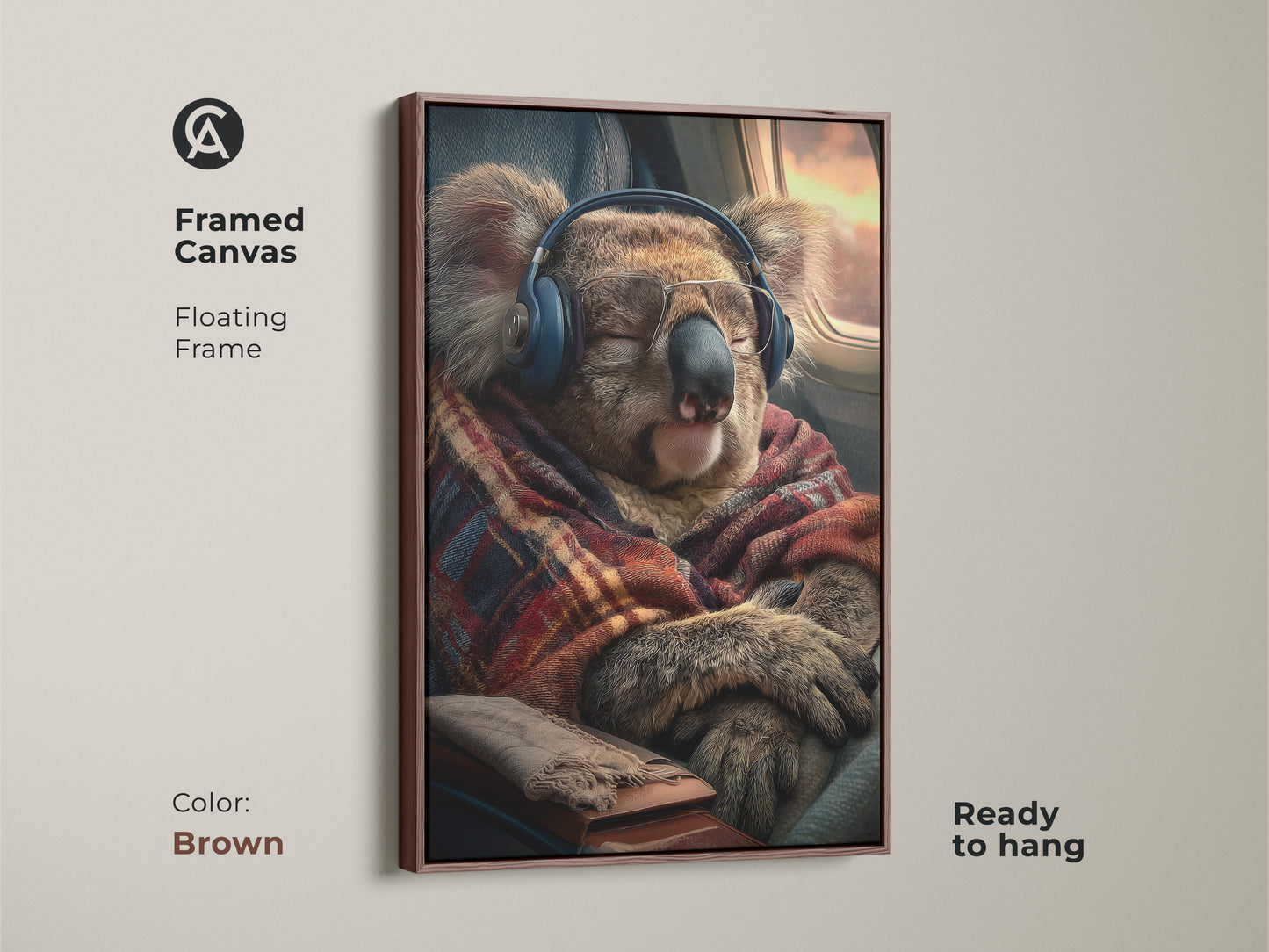 A framed canvas in a floating frame shows a koala on a plane. The frame's brown color complements this cozy animal artwork. Ready to hang this koala art print is a unique gift for travel enthusiasts. Add warmth to your home office with this piece