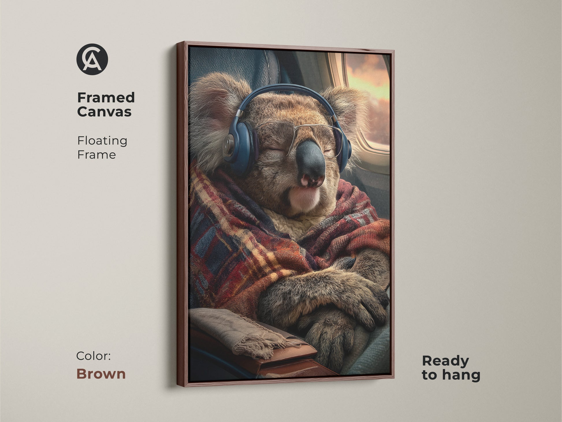 A framed canvas in a floating frame shows a koala on a plane. The frame's brown color complements this cozy animal artwork. Ready to hang this koala art print is a unique gift for travel enthusiasts. Add warmth to your home office with this piece