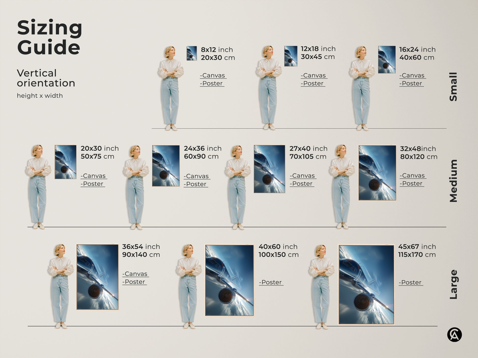 Sizing guide showcasing vertical orientation options for modern aviation art. Visualize different sizes with canvas and poster prints. Find the perfect fit for your space from small to large options in inches and centimeters.