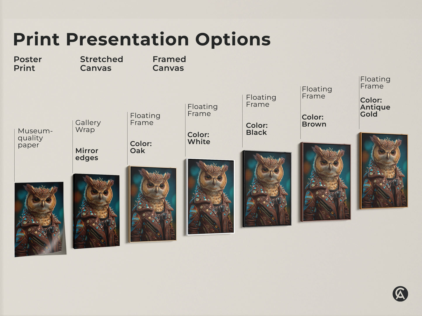Print presentation options include a poster print and stretched canvases. Framed canvas is available in oak white black brown and antique gold. Each option displays a surreal owl in a biker jacket. It is a unique piece of eclectic animal artwork. This fantasy owl artwork makes a great gift for animal lovers.