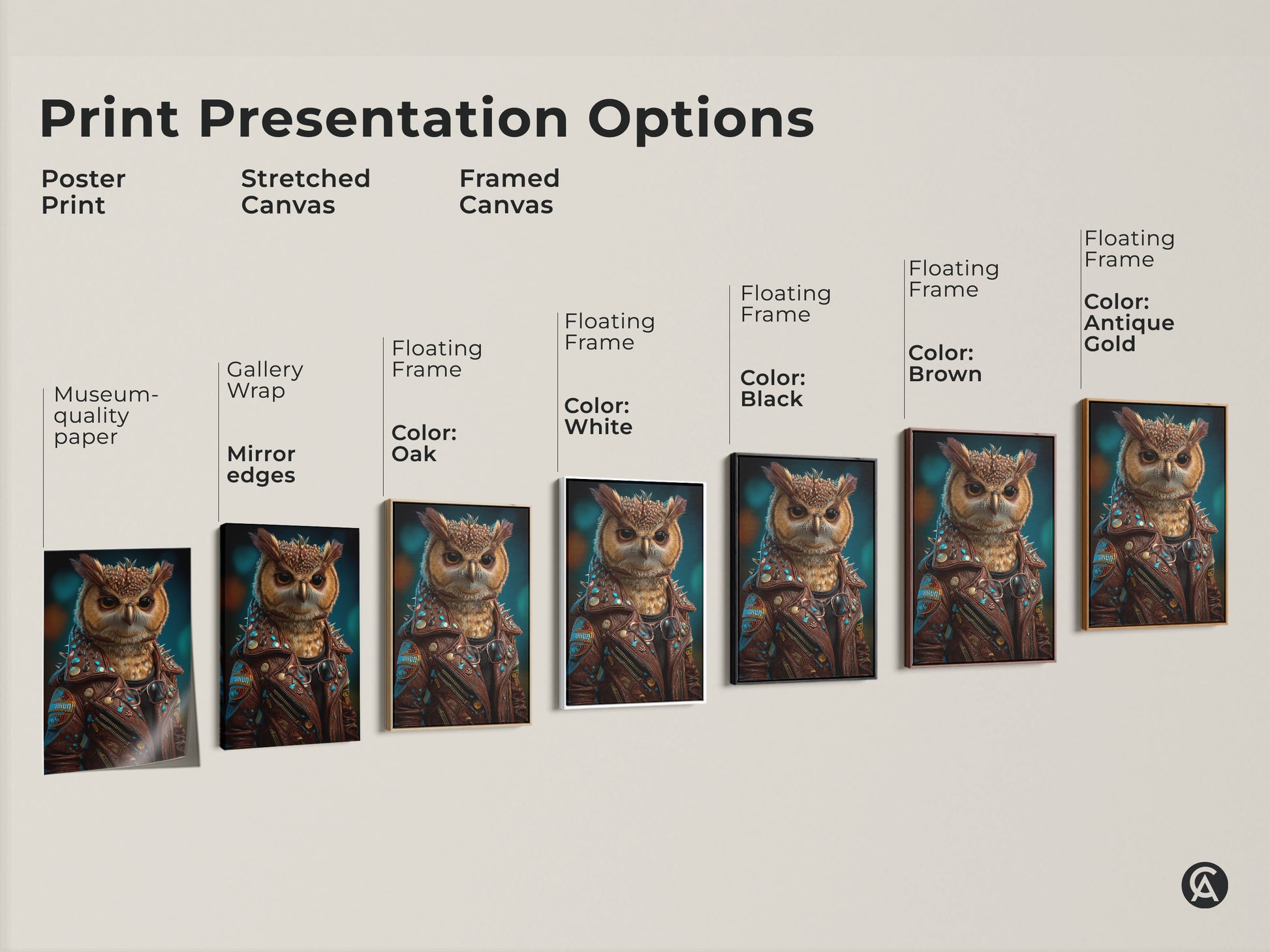 Print presentation options include a poster print and stretched canvases. Framed canvas is available in oak white black brown and antique gold. Each option displays a surreal owl in a biker jacket. It is a unique piece of eclectic animal artwork. This fantasy owl artwork makes a great gift for animal lovers.