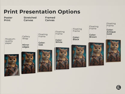 Print presentation options include a poster print and stretched canvases. Framed canvas is available in oak white black brown and antique gold. Each option displays a surreal owl in a biker jacket. It is a unique piece of eclectic animal artwork. This fantasy owl artwork makes a great gift for animal lovers.