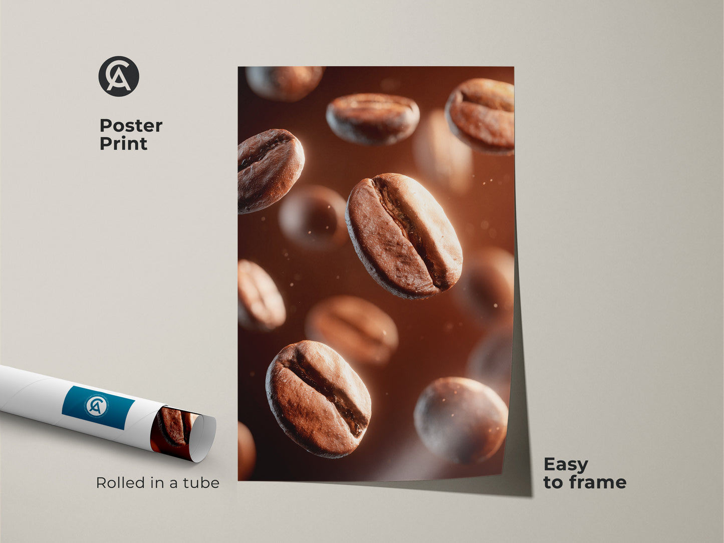 Poster print of floating coffee beans. This contemporary artwork is easy to frame. The poster is rolled in a tube for safe shipping. A perfect addition to your kitchen or dining area art.