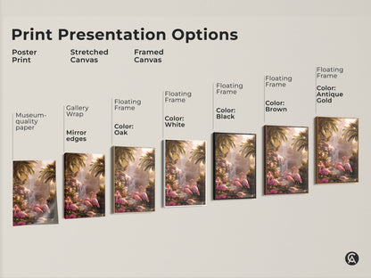 Print presentation options. Poster print on museum-quality paper with stretched canvas. Framed canvas with floating frames in oak white black brown and antique gold. Pink flamingo and tropical waterfall art.