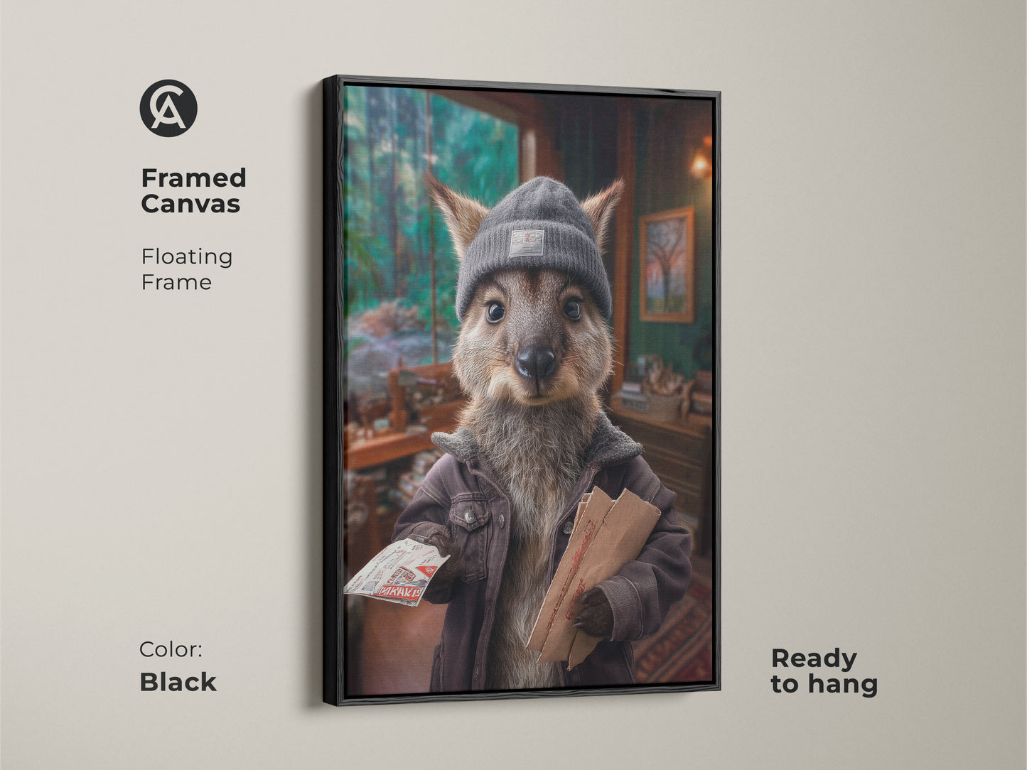 Framed Canvas Art of a Kangaroo Postman adds sophistication to your walls. The floating frame in black enhances the artwork. This whimsical animal art is perfect for adding charm to your study or office it is ready to hang.