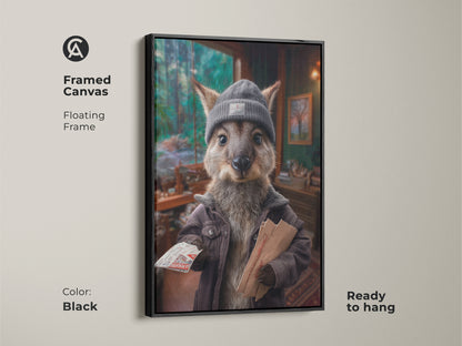 Framed Canvas Art of a Kangaroo Postman adds sophistication to your walls. The floating frame in black enhances the artwork. This whimsical animal art is perfect for adding charm to your study or office it is ready to hang.
