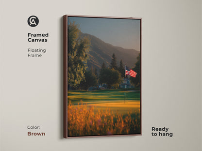 Brown framed canvas art displaying an American flag on a scenic golf course. The floating frame adds depth to the artwork. This piece is ready to hang. Bring warmth and patriotism to your home decor.