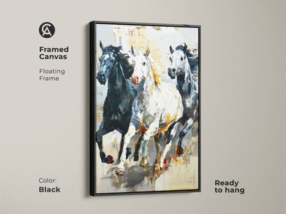 Enhance your home with this framed canvas art featuring an impressionistic horse print. A black floating frame adds a modern touch to the galloping horses artwork. Ready to hang this piece will bring an eclectic feel to your entry hall wall decor. Perfect for wildlife art lovers.