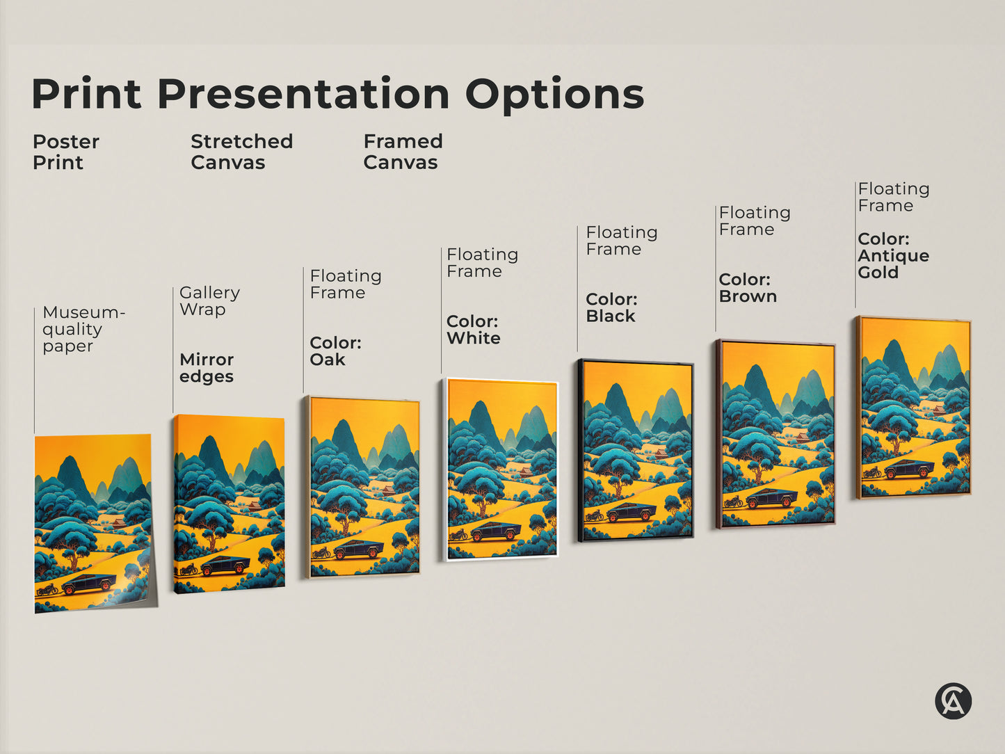 Displaying various presentation options for this landscape art. From poster to framed canvas this stylized mountain road art comes in various forms. Find the perfect fit for your modern and eclectic decor. Bring a unique style to any room.