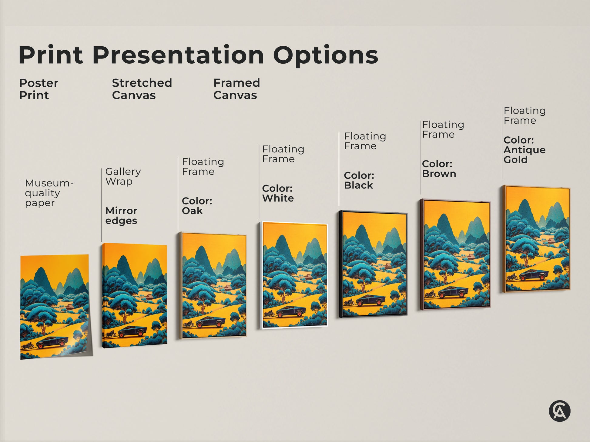 Displaying various presentation options for this landscape art. From poster to framed canvas this stylized mountain road art comes in various forms. Find the perfect fit for your modern and eclectic decor. Bring a unique style to any room.