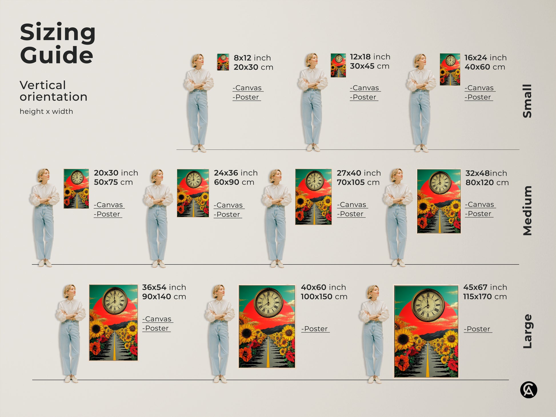 Sizing guide for vertical sunflower road art. Available in small medium and large. Canvas and poster options are shown with models. Find the perfect size for your retro eclectic home decor with this nature themed artwork.