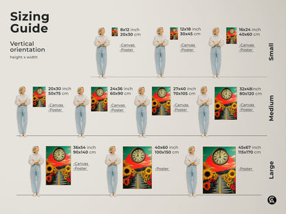 Sizing guide for vertical sunflower road art. Available in small medium and large. Canvas and poster options are shown with models. Find the perfect size for your retro eclectic home decor with this nature themed artwork.